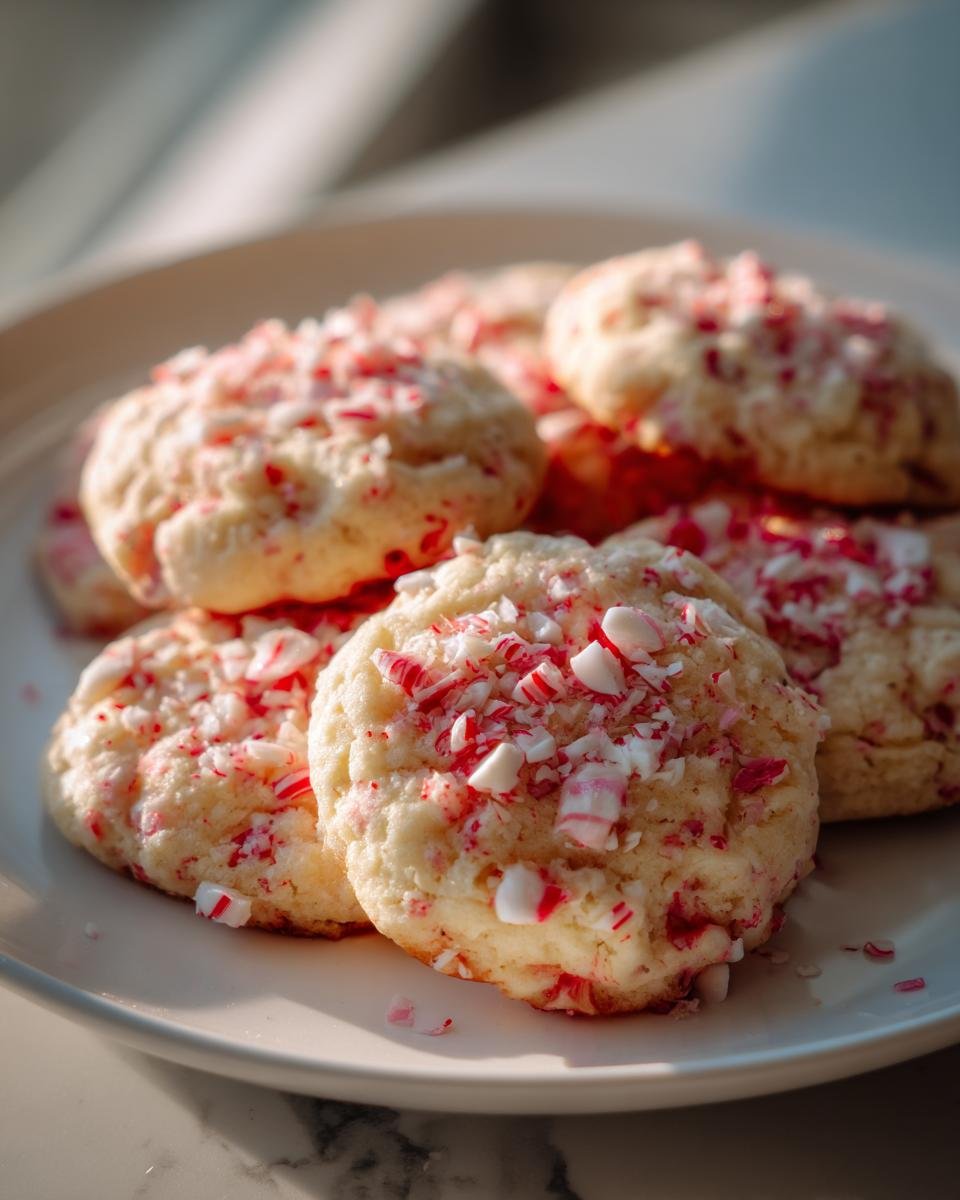 A pile of Delightful Easy Peppermint Cookies topped with crushed candy canes on a white plate.