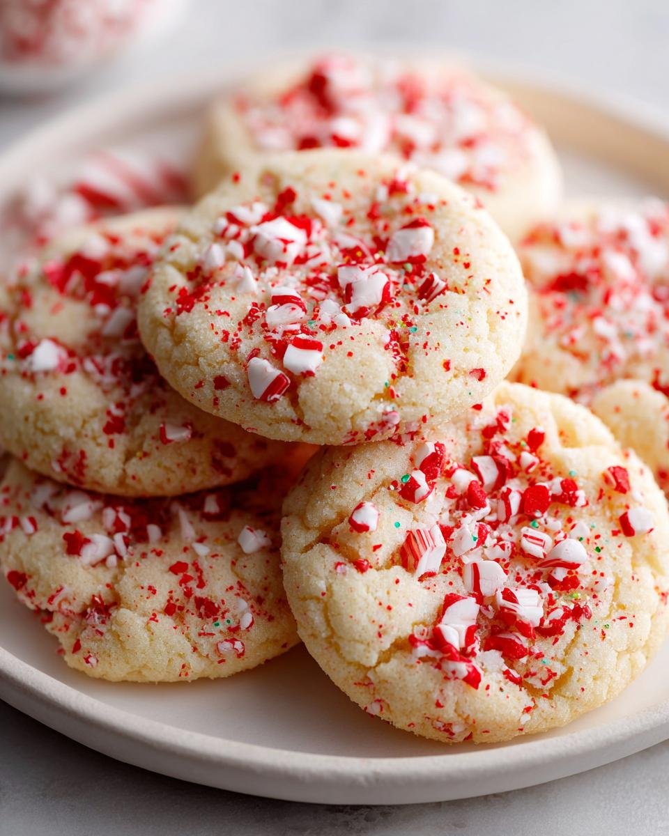 A stack of soft, sugar-dusted Delightful Easy Peppermint Cookies topped with crushed candy canes.