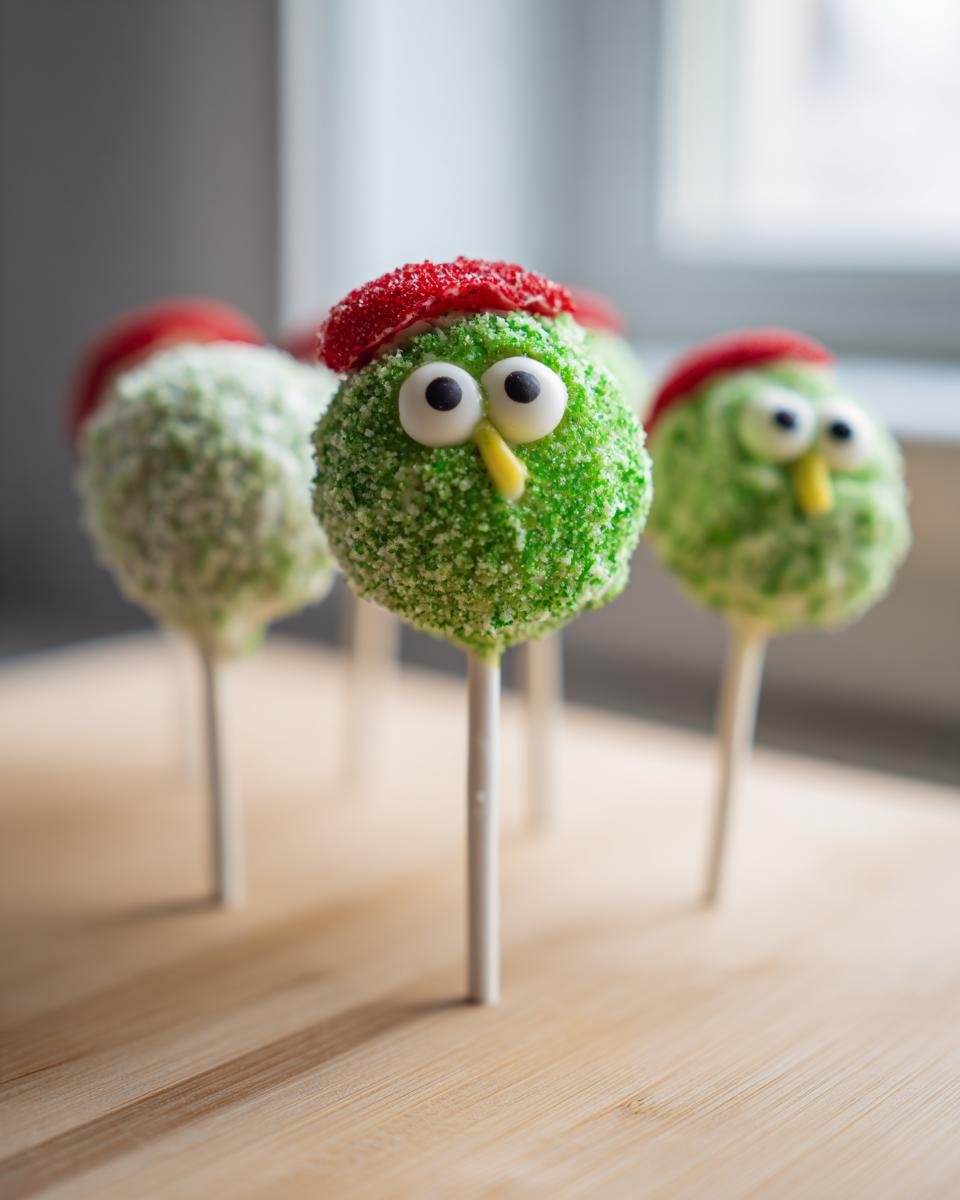 Close-up of a Delightful Grinch Cake Pop covered in green sprinkles with large eyes and a red hat.