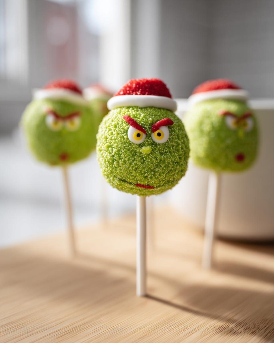 Close-up of a Delightful Grinch Cake Pop, green and covered in sprinkles, wearing a tiny Santa hat.