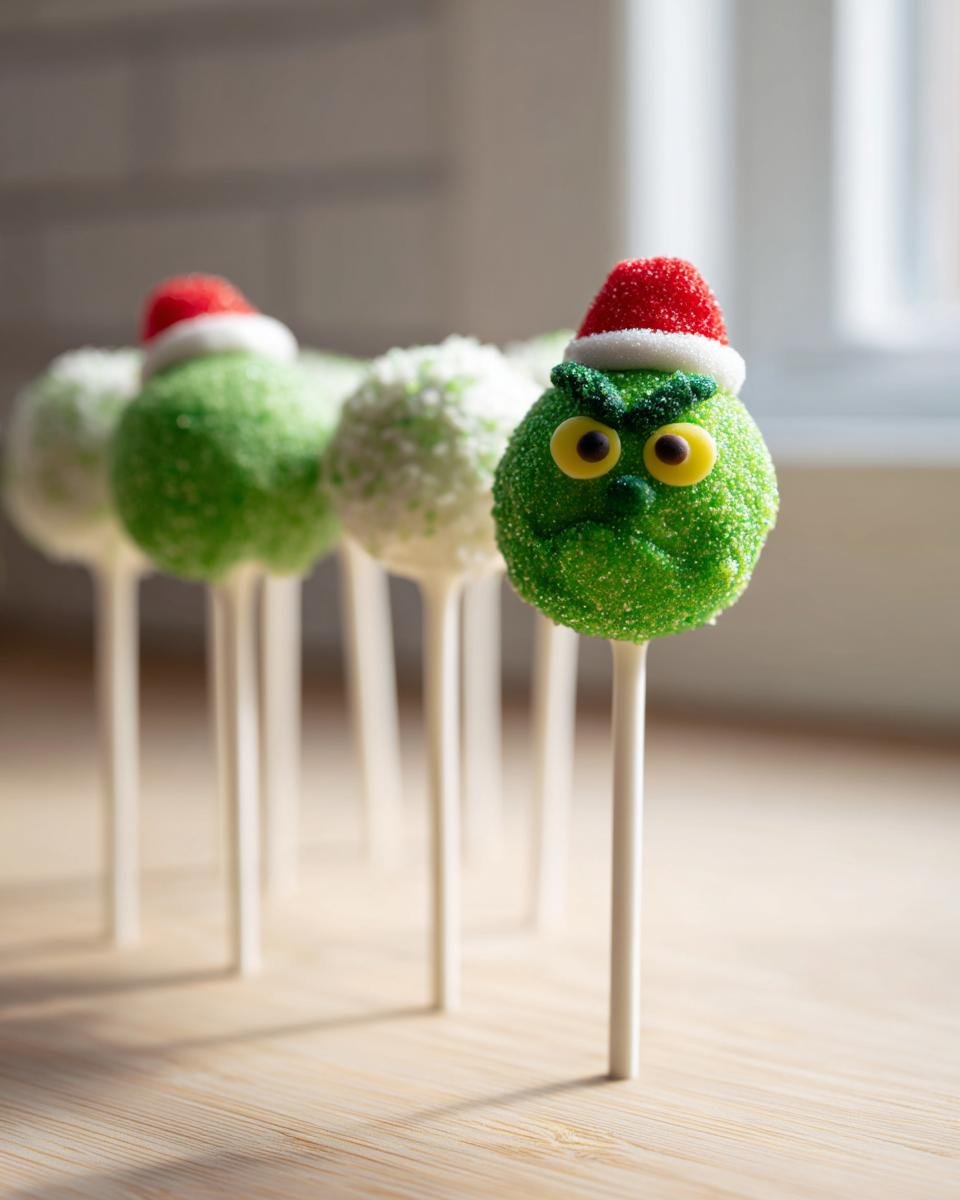 A close-up of one of the Delightful Grinch Cake Pops, featuring green sprinkles and a tiny Santa hat, standing in a row.
