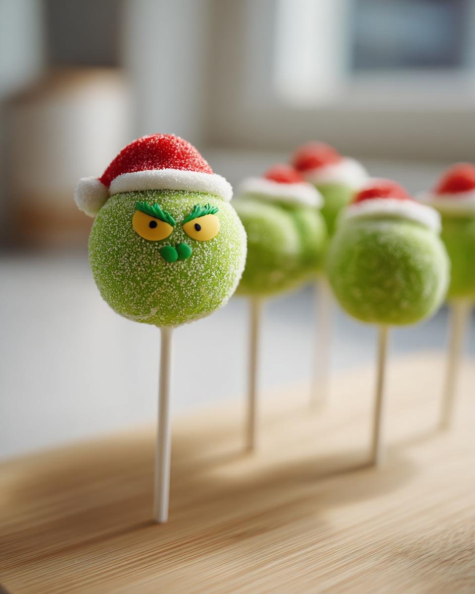 A close-up of one of the Delightful Grinch Cake Pops, decorated with green sprinkles and a red and white Santa hat.