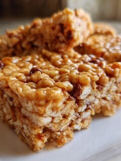 Close-up of gooey, chewy Delightful Homemade Cereal Bars stacked on a white plate.