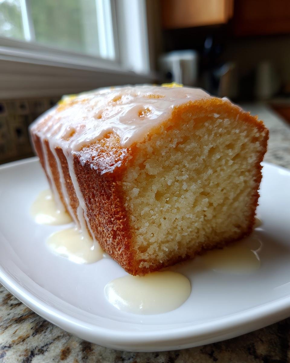 A close-up of a slice of Delightful Lemon Pound Cake Recipe, topped with a thick white lemon glaze dripping onto the plate.