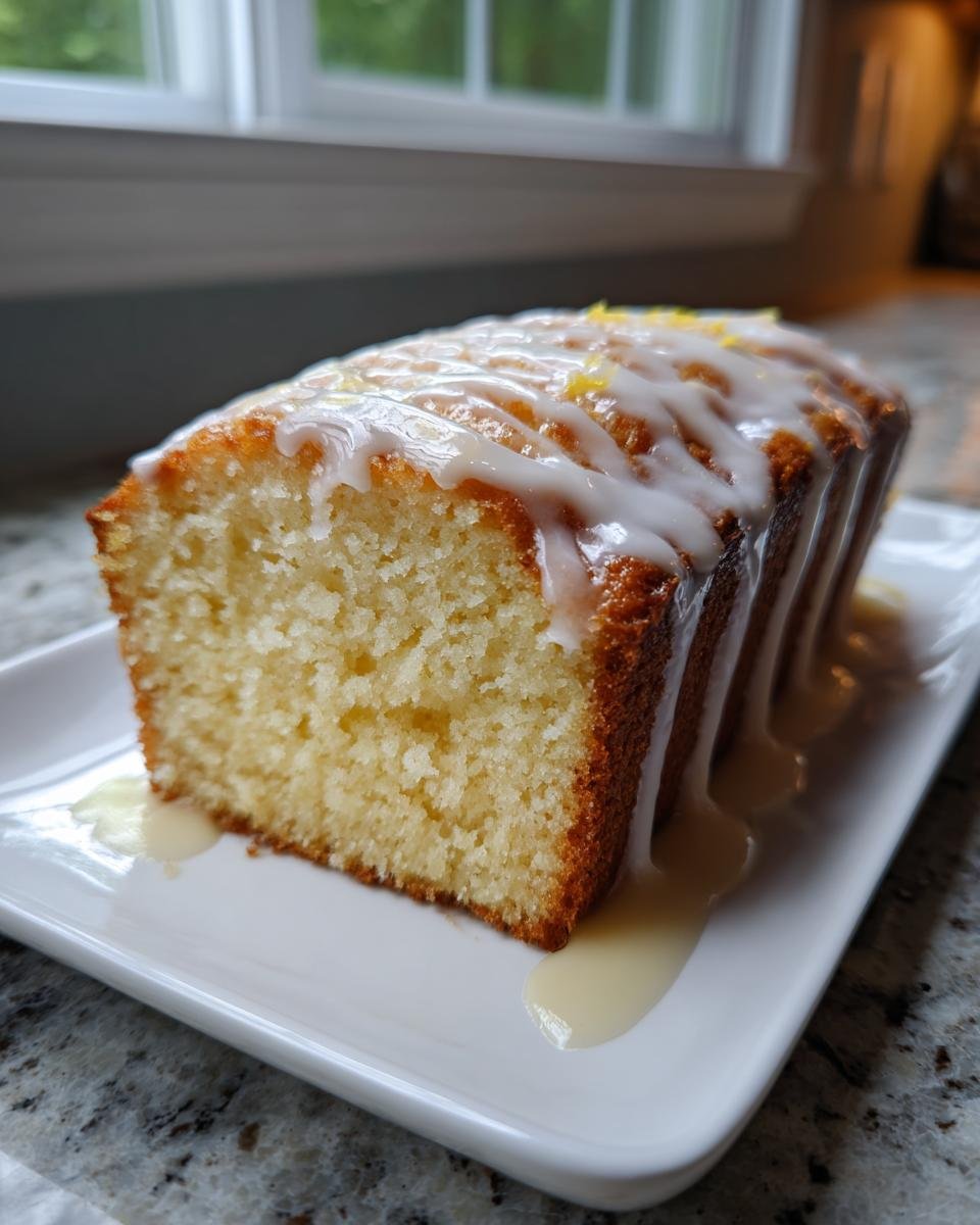 A close-up of a slice of Delightful Lemon Pound Cake Recipe, topped with a thick white glaze and lemon zest.