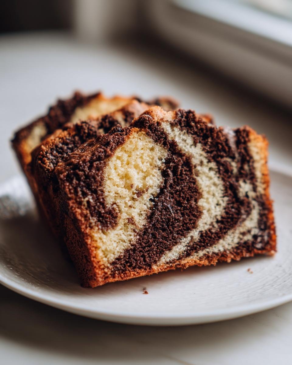 Three moist slices of Easy And Moist Marble Cake showing distinct vanilla and chocolate swirls on a white plate.
