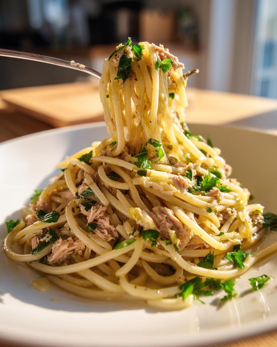 A fork lifting a twirl of Easy Canned Tuna Pasta mixed with herbs from a white plate.