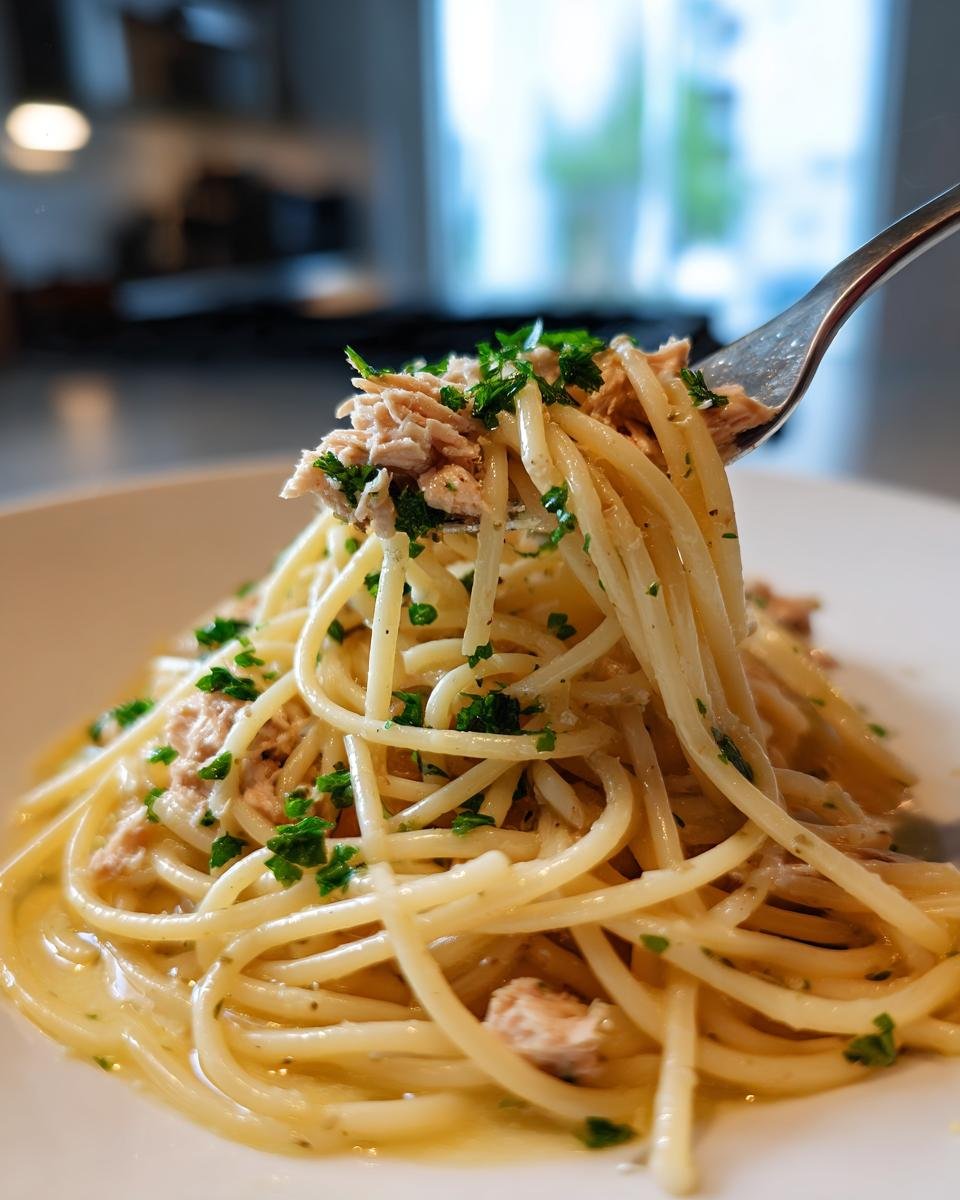 A fork lifts spaghetti tossed with flaked tuna and parsley from a plate of Easy Canned Tuna Pasta.