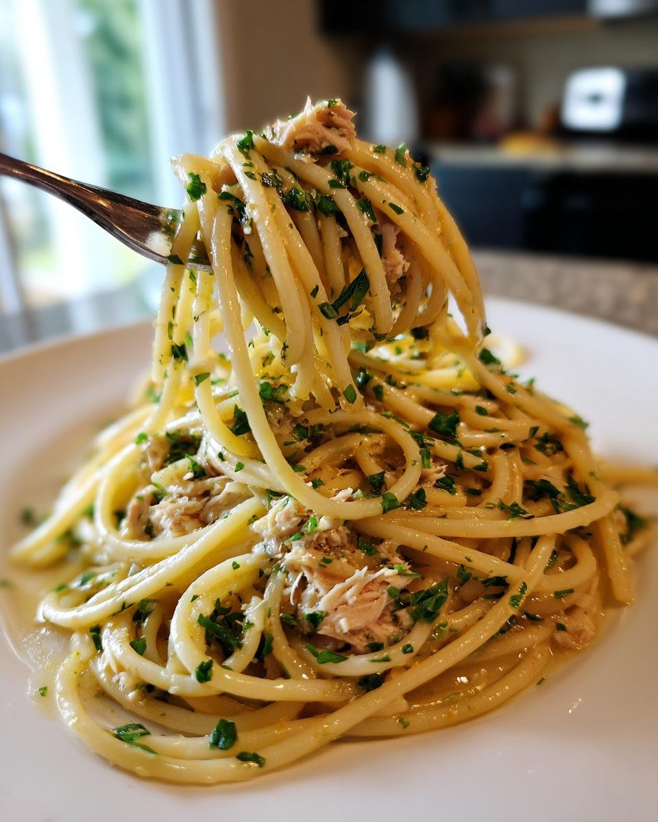 A fork lifting a twirl of spaghetti mixed with flaked tuna and fresh parsley from a plate of Easy Canned Tuna Pasta Ready In 15 Minutes.