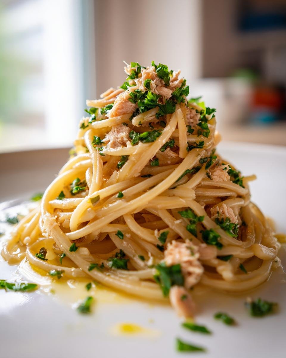A beautifully plated mound of Easy Canned Tuna Pasta topped with flaked tuna and fresh chopped parsley.