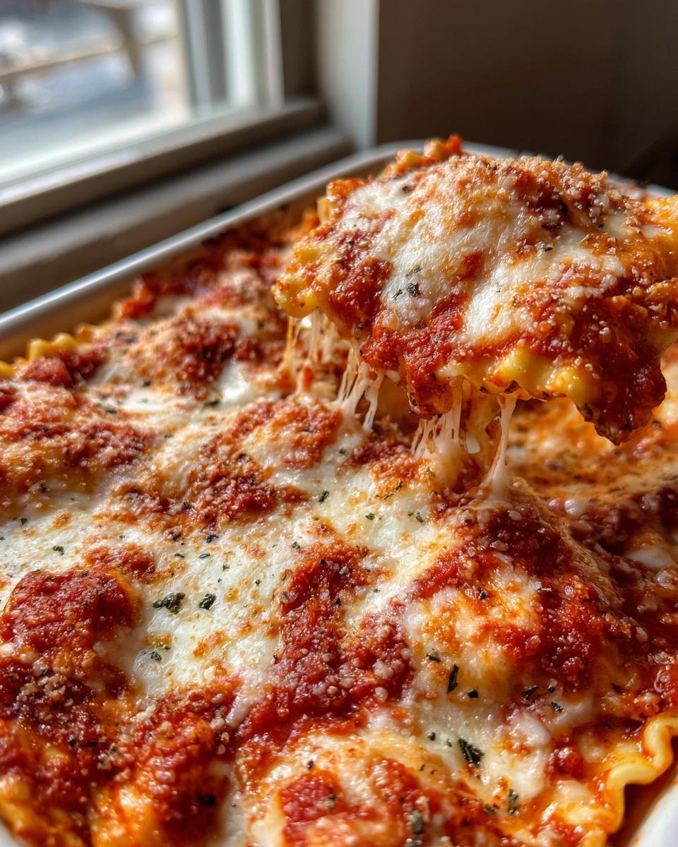 A serving spoon lifts a cheesy piece of Irresistible Easy Cheesy Baked Ravioli Recipe, showing long cheese pulls.