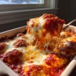 A spoonful of Irresistible Easy Cheesy Baked Ravioli Recipe showing incredible cheese pull over rich tomato sauce.