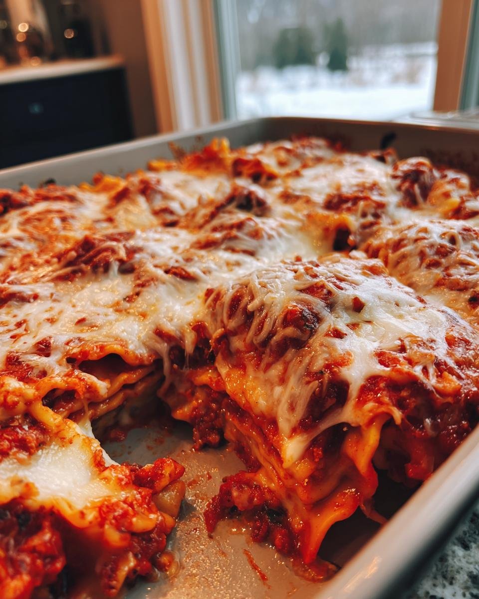 Close-up of a pan of Irresistible Easy Cheesy Baked Ravioli Recipe, showing melted mozzarella over rich tomato sauce.