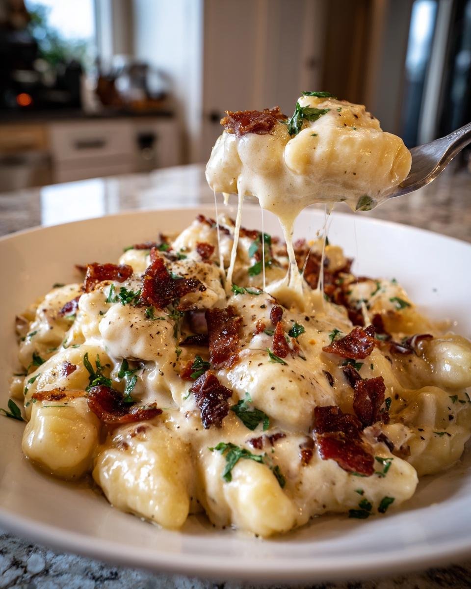 A fork lifts a bite of creamy Brie and Bacon Gnocchi, showing delicious cheese pull.