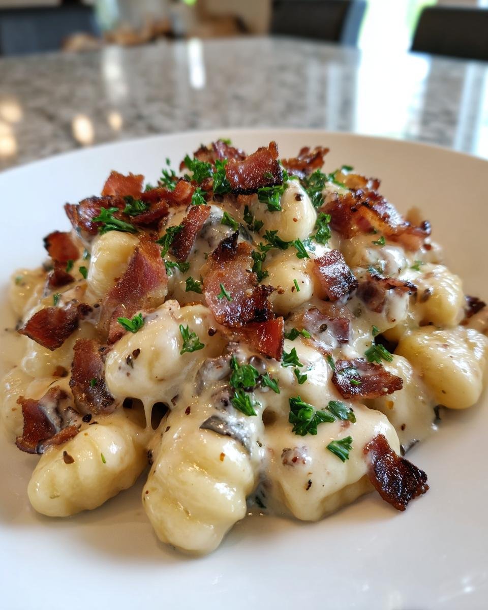 A close-up of gnocchi coated in creamy sauce, topped with crispy bacon pieces and fresh parsley for the Easy Creamy Brie And Bacon Gnocchi Recipe.