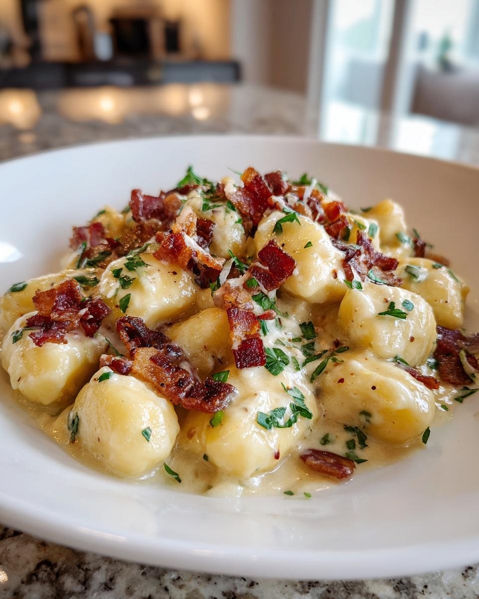 Close-up of creamy Brie and Bacon Gnocchi recipe topped with crispy bacon bits and fresh parsley.
