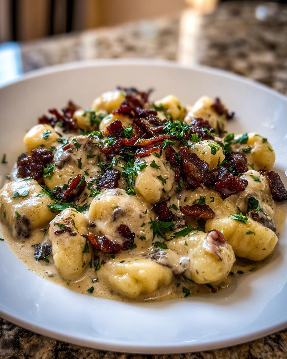 A close-up of creamy Brie and Bacon Gnocchi recipe served in a white bowl, topped with crispy bacon bits and parsley.