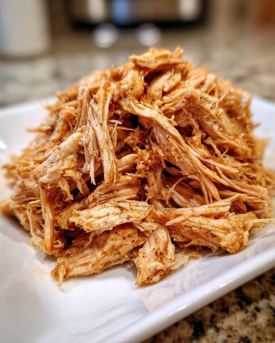 A close-up of perfectly seasoned Easy Crockpot Shredded Chicken piled high on a white plate.