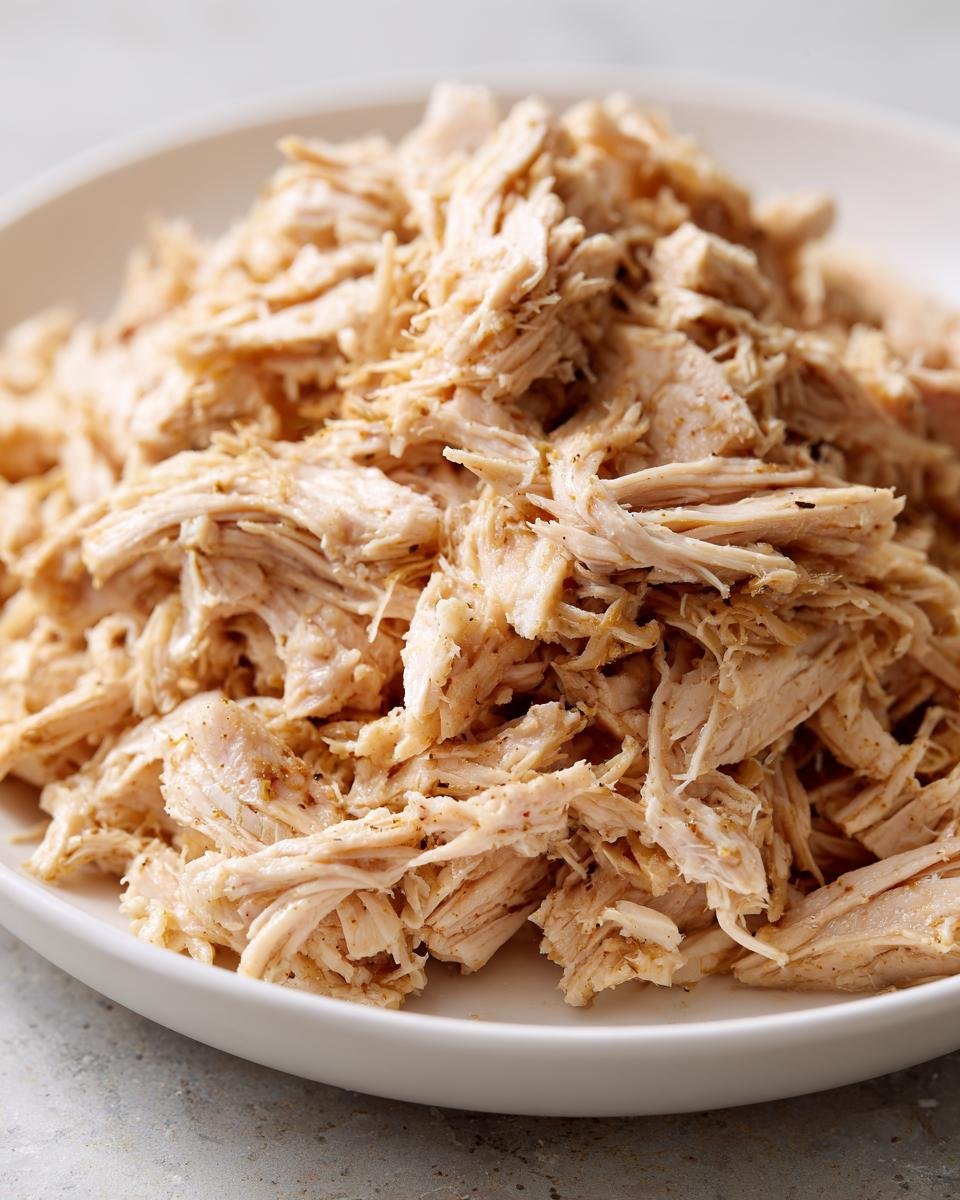 Close-up of perfectly seasoned, Easy Crockpot Shredded Chicken piled high on a white plate.