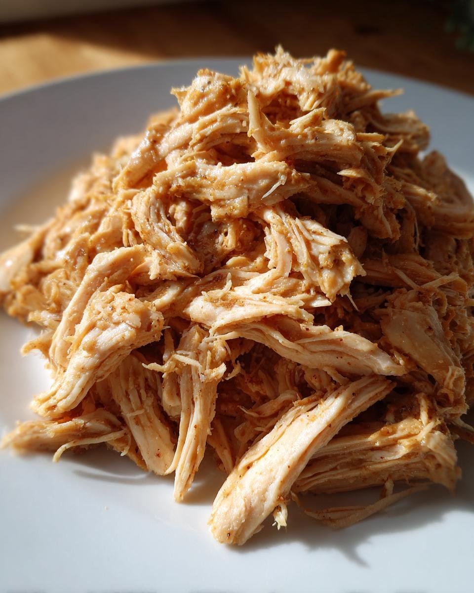 Close-up of a mound of seasoned Easy Crockpot Shredded Chicken piled high on a white plate.