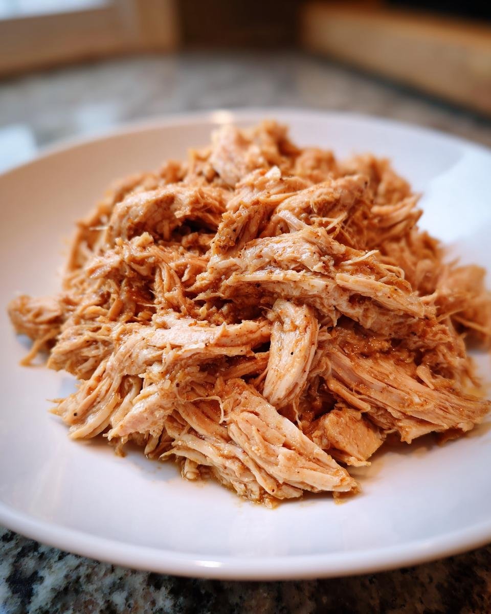 Close-up of a pile of juicy, seasoned Easy Crockpot Shredded Chicken on a white plate.