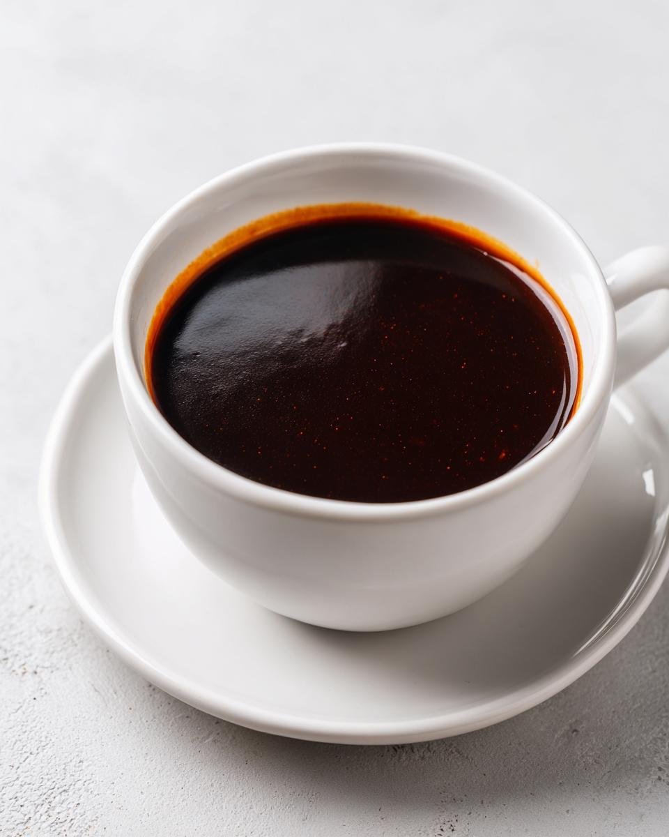Close-up of thick, dark Easy Katsu Sauce Tonkatsu Sauce served in a small white teacup on a saucer.