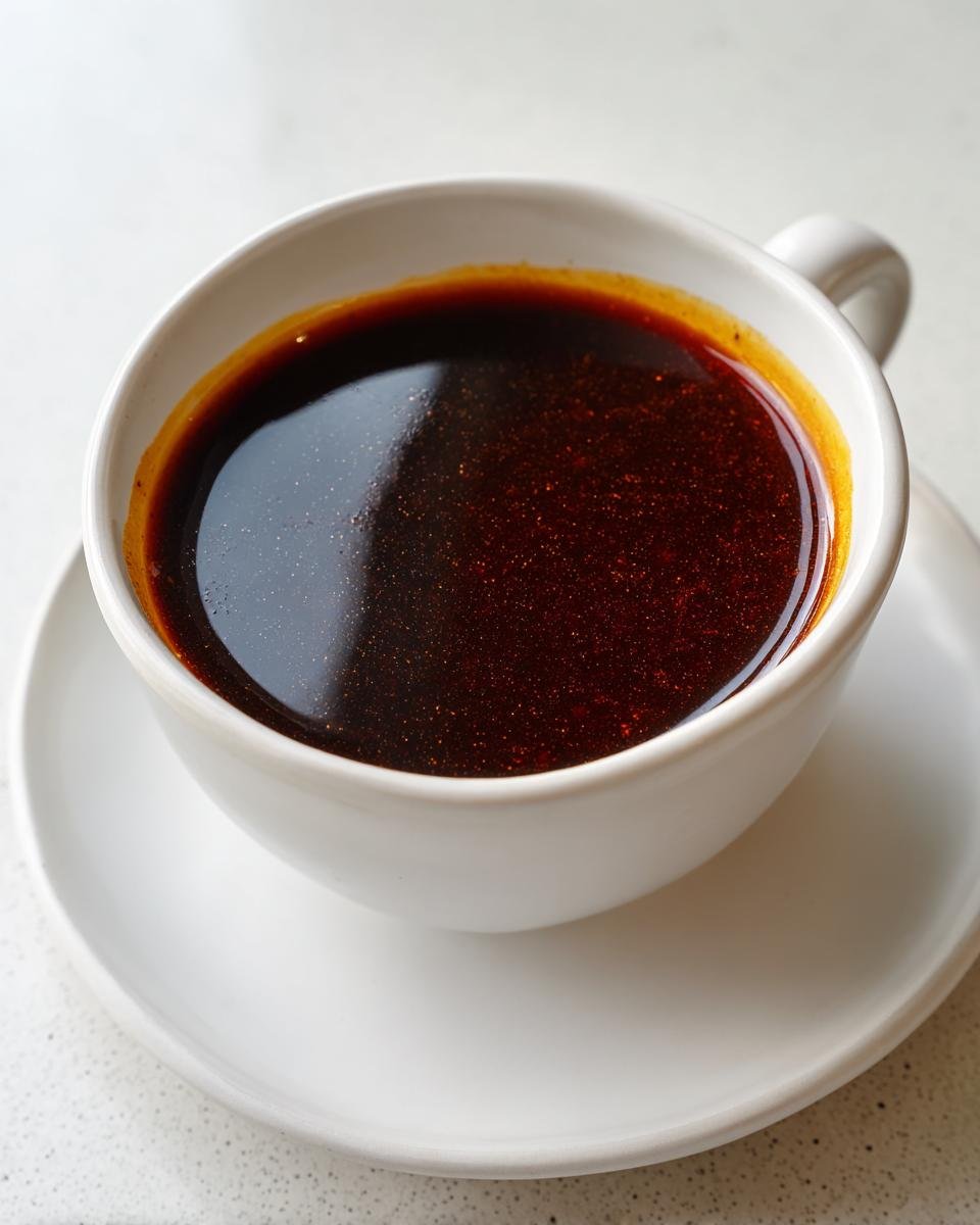 Close-up of rich, dark brown Easy Katsu Sauce Tonkatsu Sauce served in a small white cup on a matching saucer.