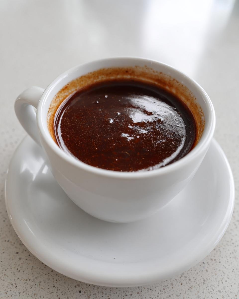 Close-up of thick, dark brown Easy Katsu Sauce Tonkatsu Sauce served in a small white cup on a matching saucer.