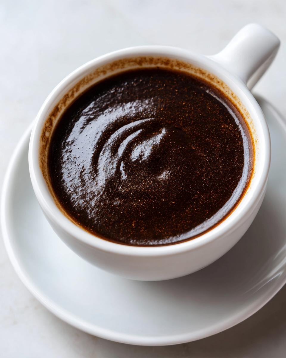 Close-up of thick, dark Easy Katsu Sauce Tonkatsu Sauce served in a small white handled dipping bowl.