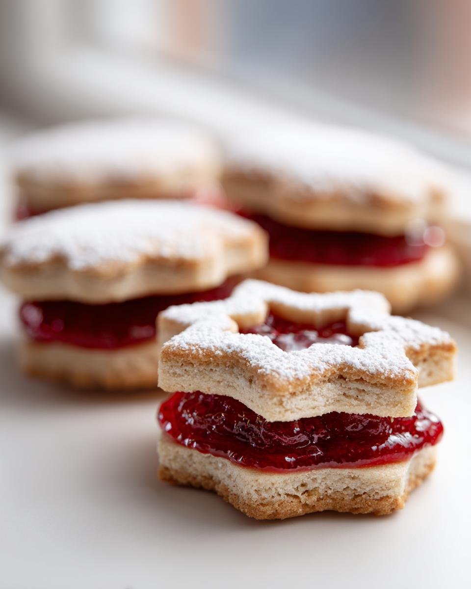 Close-up of an Irresistible Easy Linzer Cookie filled with bright red raspberry jam and dusted with powdered sugar.