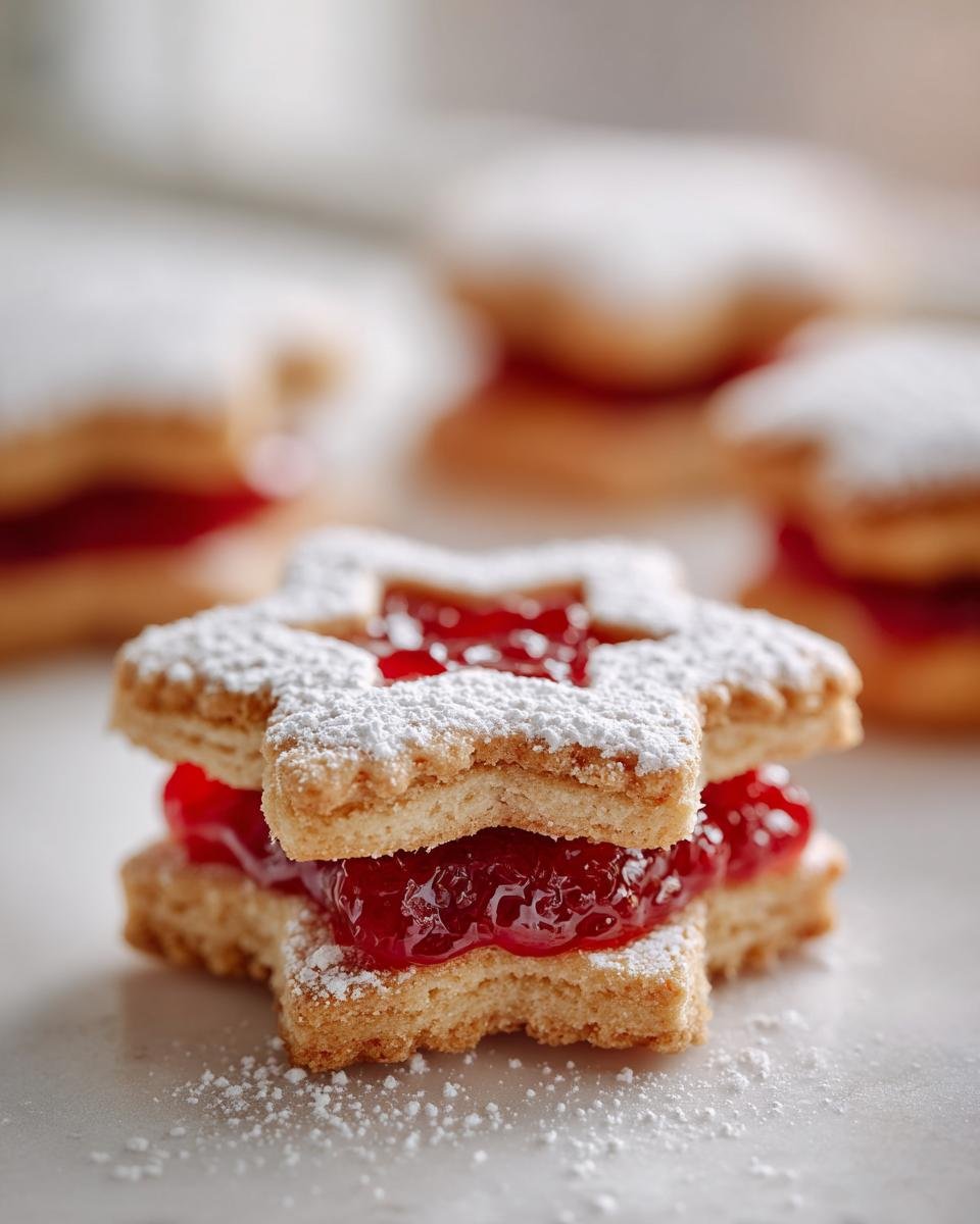 A close-up of an Irresistible Easy Linzer Cookie sandwiched with bright red raspberry jam and dusted with powdered sugar.