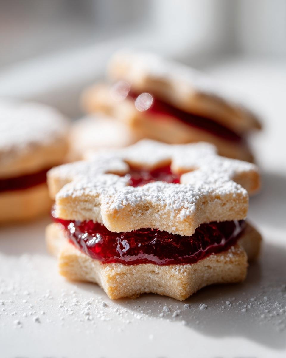A close-up of an Irresistible Easy Linzer Cookie filled with bright raspberry jam and dusted with powdered sugar.
