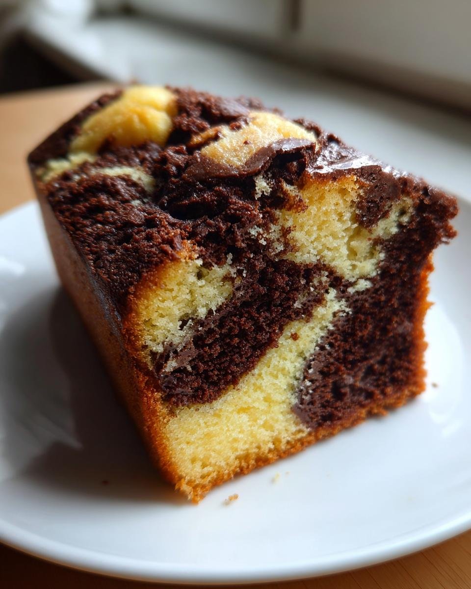 Close-up of a moist slice of Easy And Moist Marble Cake showing vanilla and chocolate swirls.