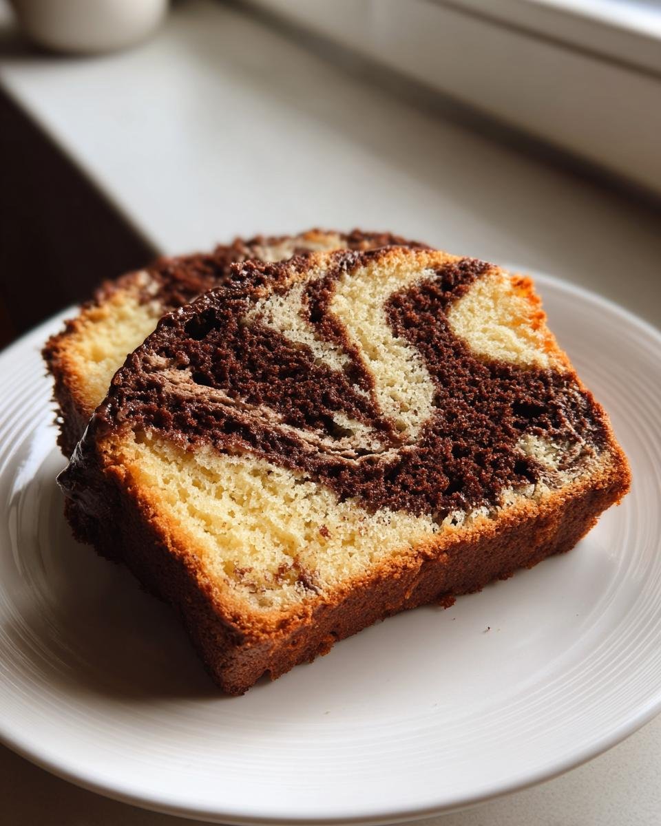 Two slices of Easy And Moist Marble Cake showing the distinct vanilla and chocolate swirl pattern, served on a white plate.