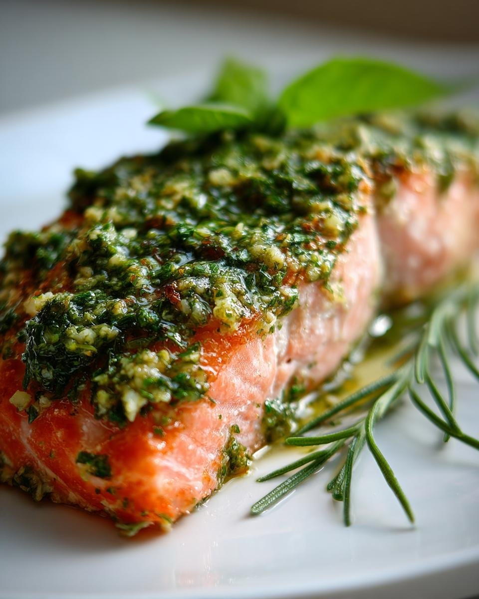 Close-up of a perfectly cooked salmon fillet topped with vibrant green pesto, garnished with basil and rosemary.