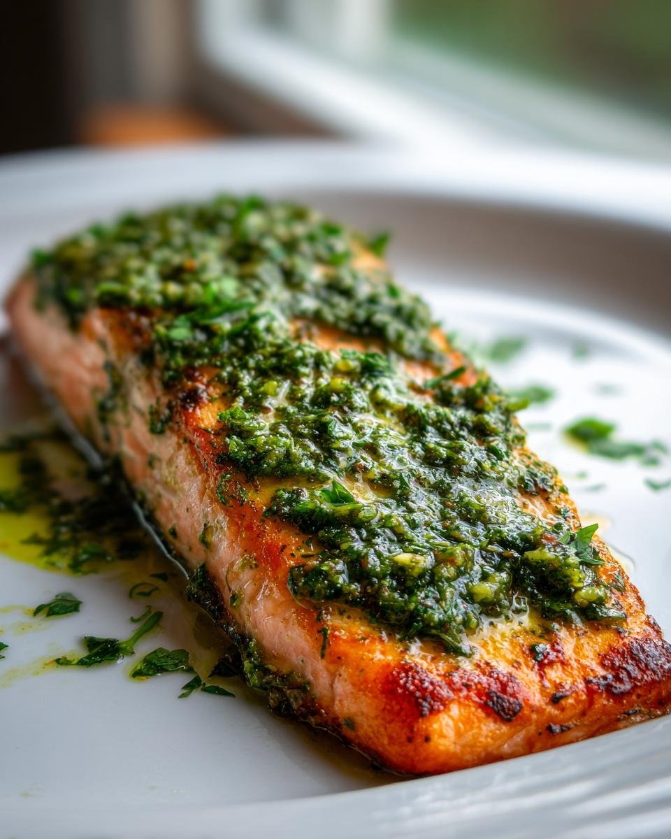 Close-up of a perfectly cooked Easy Pesto Salmon 3 Ingredients In Just 20 Minutes topped with vibrant green pesto.