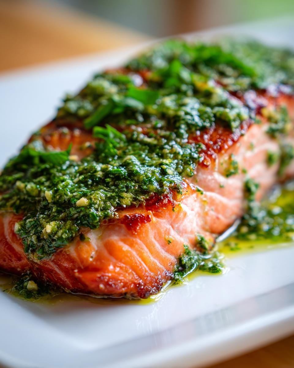 A close-up of a perfectly cooked salmon fillet topped generously with bright green pesto, ready to serve.