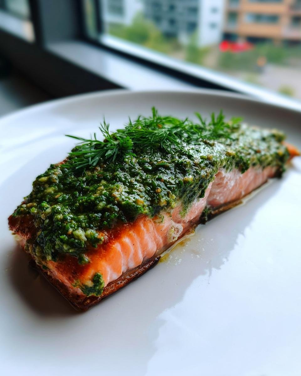 A close-up of a perfectly cooked Easy Pesto Salmon fillet topped with bright green pesto and fresh dill, served on a white plate.