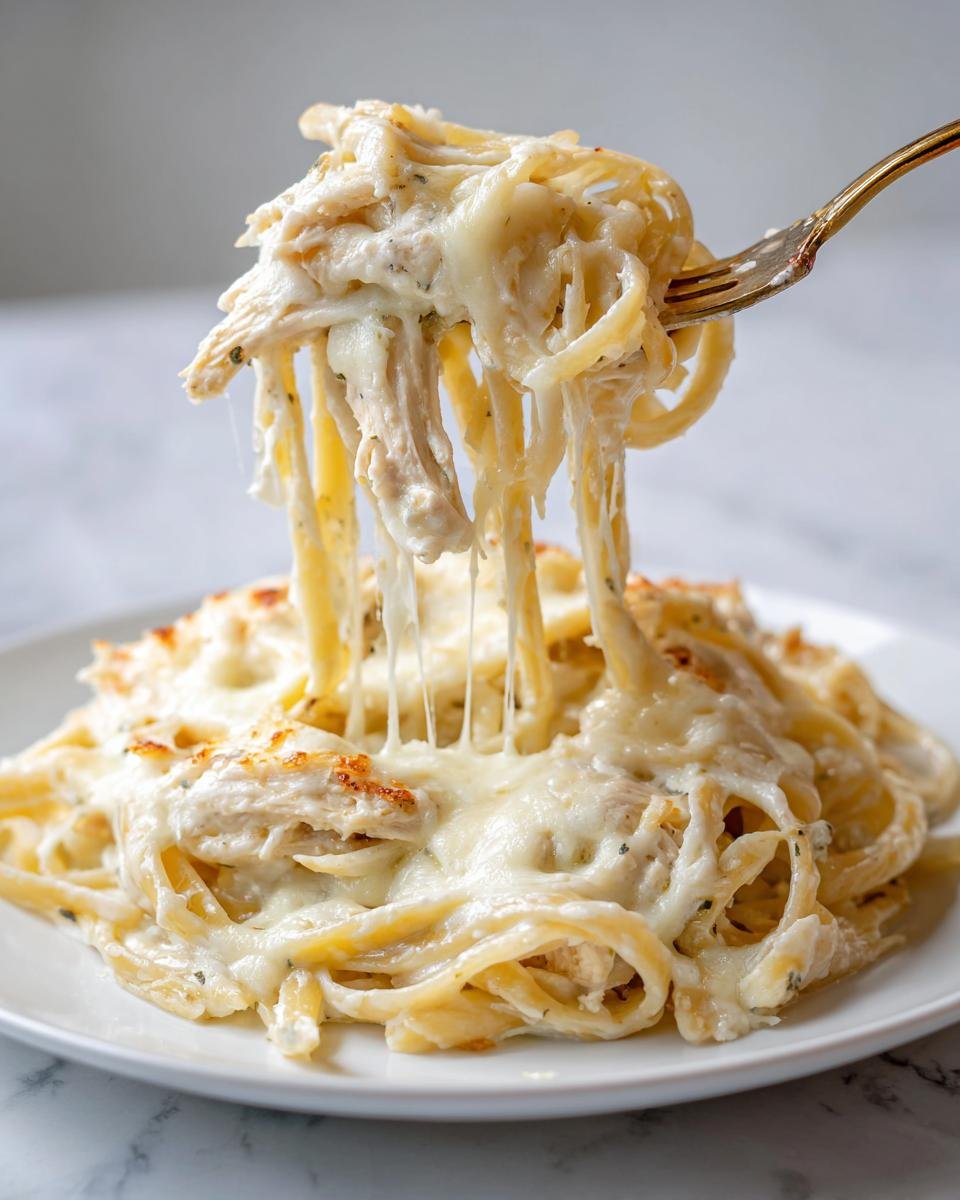 A fork lifts fettuccine noodles covered in melted cheese and shredded chicken from an Extra Cheesy Chicken Alfredo Bake.