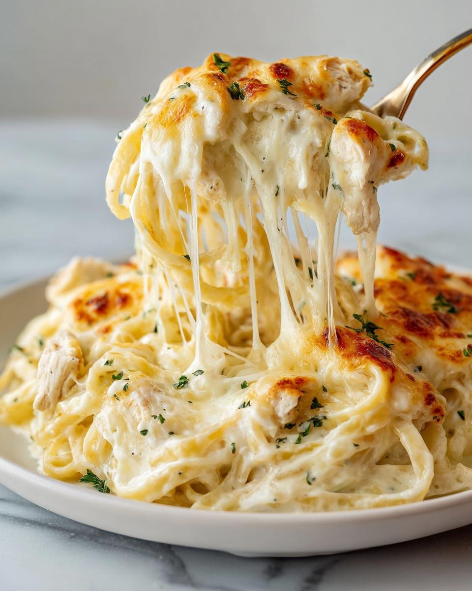 A fork lifts a serving of Extra Cheesy Chicken Alfredo Bake, showing extreme cheese pull and golden baked topping.
