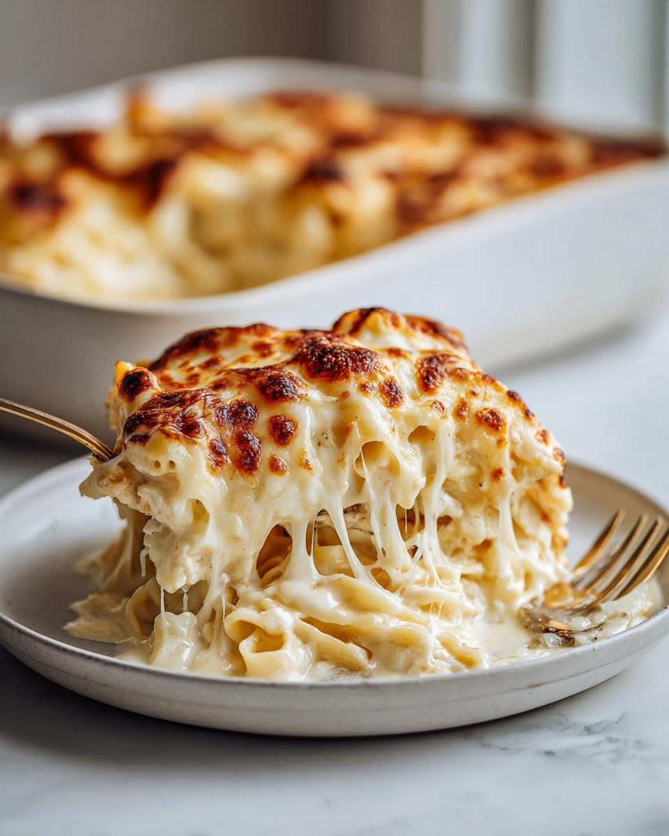 A serving of Extra Cheesy Chicken Alfredo Bake showing extreme cheese pull as a fork lifts a portion.