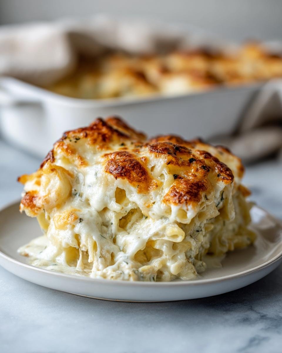 A generous serving of Extra Cheesy Chicken Alfredo Bake Recipe Comfort Food Magic on a white plate, showing melted cheese pull.