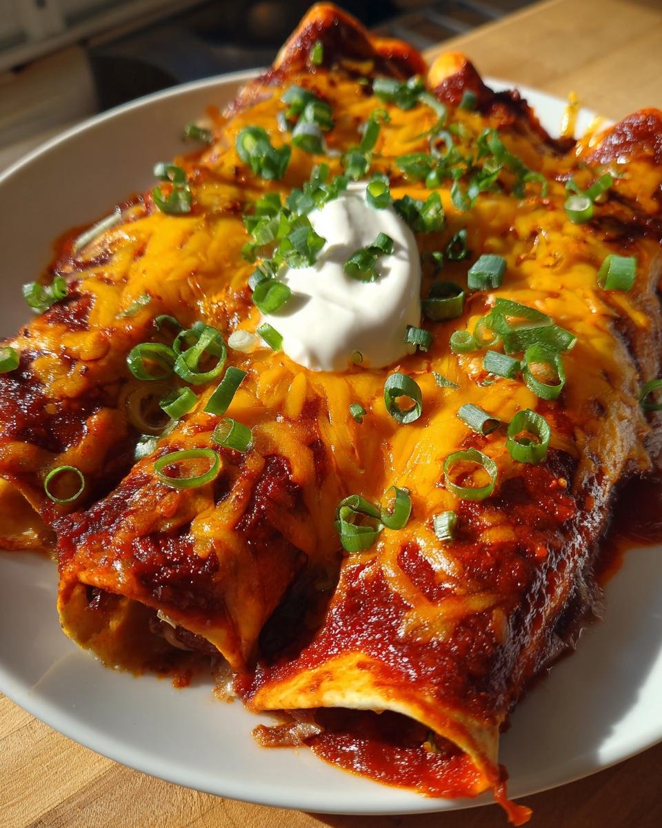 Close-up of cheesy, saucy Festive Christmas Enchiladas topped with sour cream and chopped green onions.