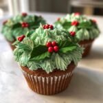 Close-up of a Festive Christmas Wreath Cupcake topped with light green frosting, edible holly leaves, and red berries.