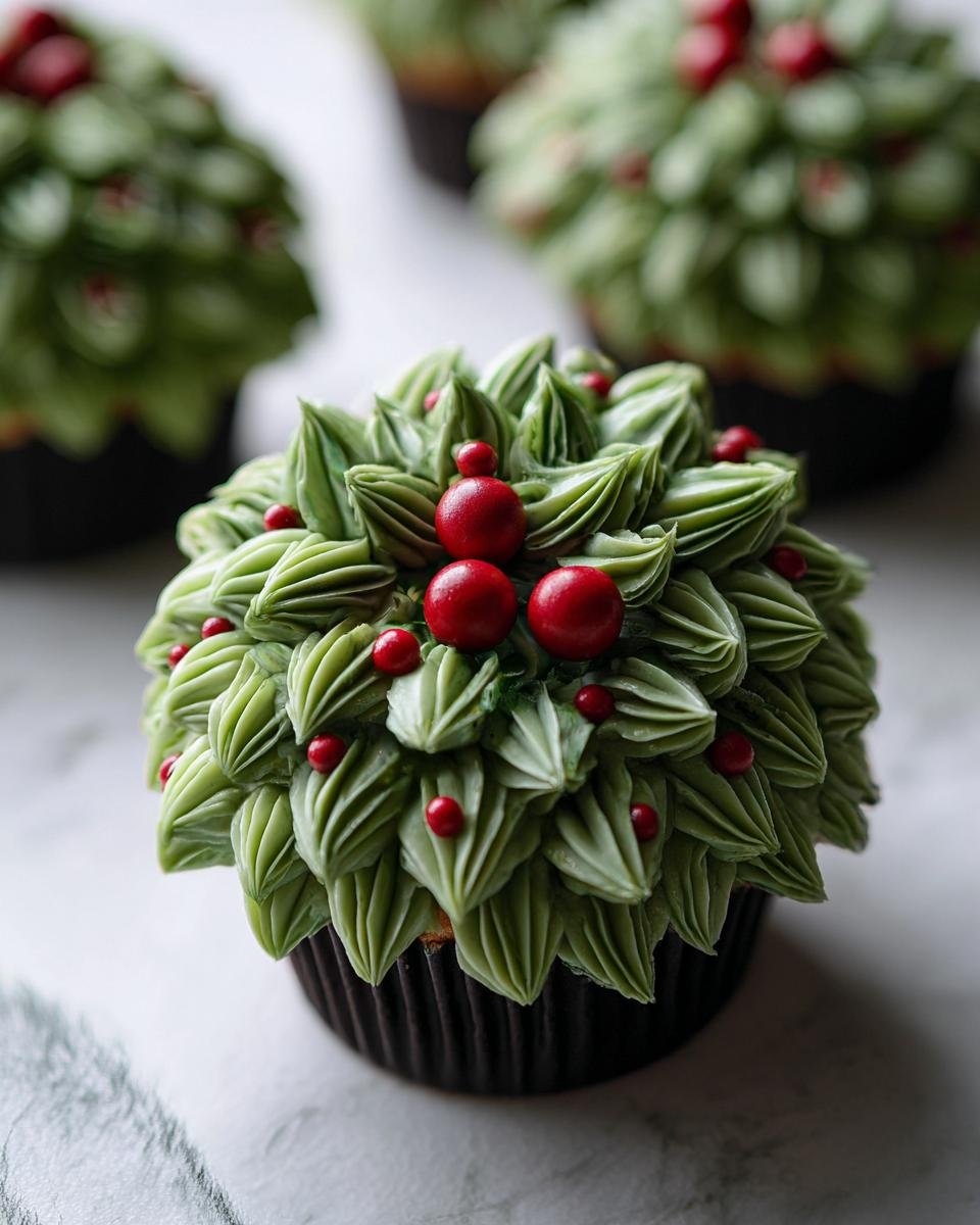 Close-up of a Festive Christmas Wreath Cupcakes decorated with piped green frosting leaves and red candy pearls.