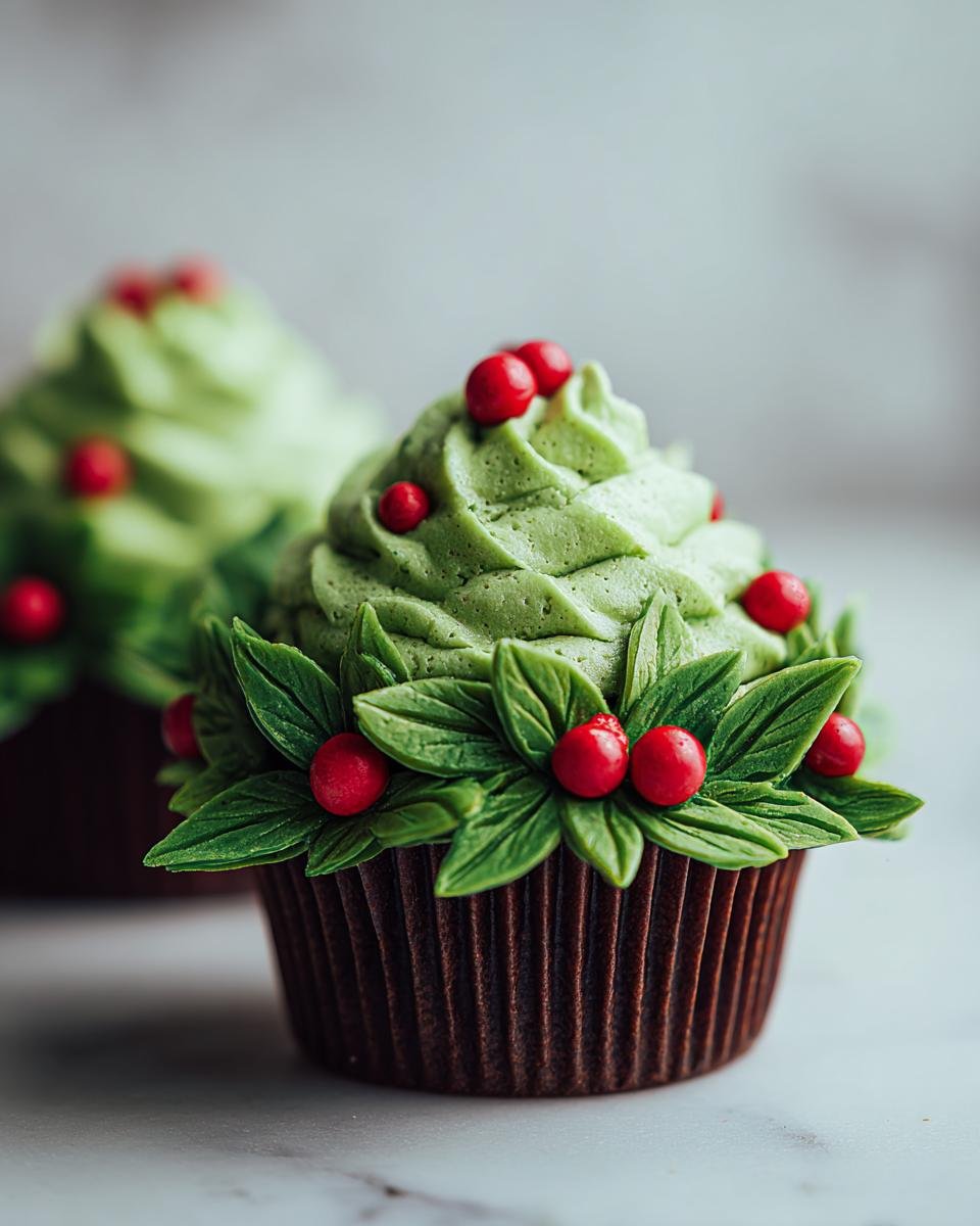 Close-up of a Festive Christmas Wreath Cupcake with green frosting, holly leaves, and red berries.