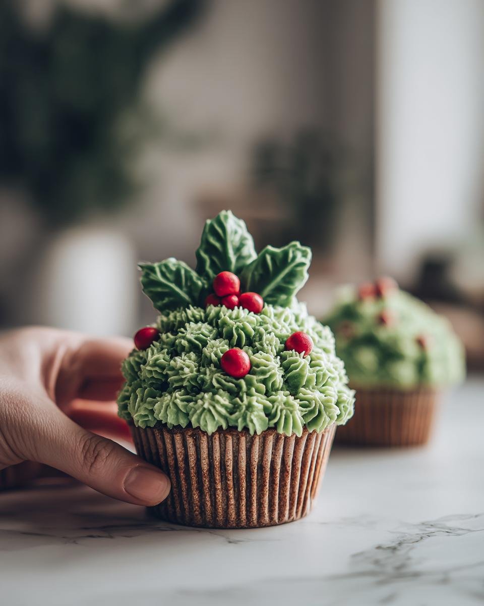 A hand holding one of the Festive Christmas Wreath Cupcakes topped with green frosting, holly leaves, and red berries.