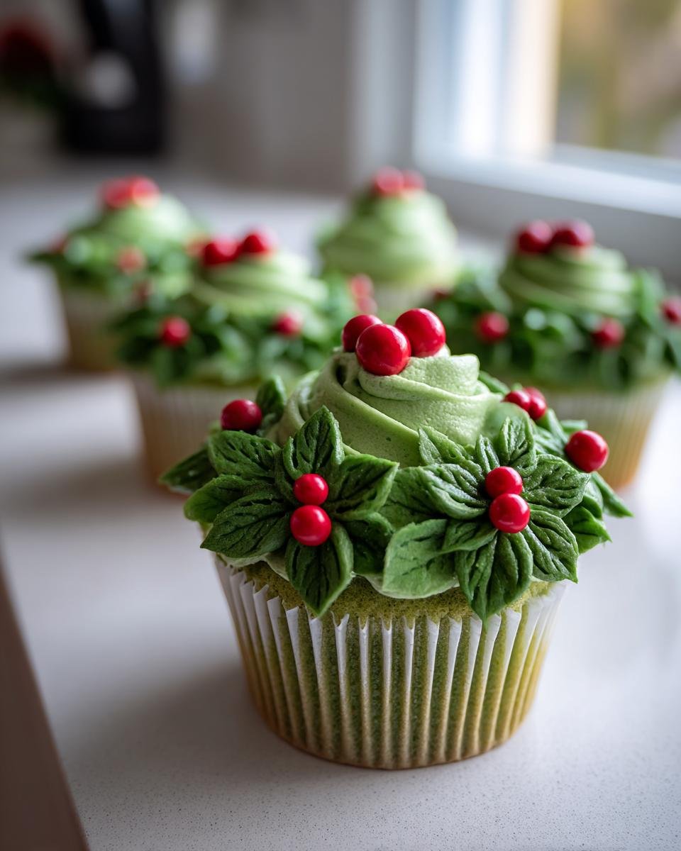 Close-up of a Festive Christmas Wreath Cupcakes decorated with green holly leaves and bright red edible berries.