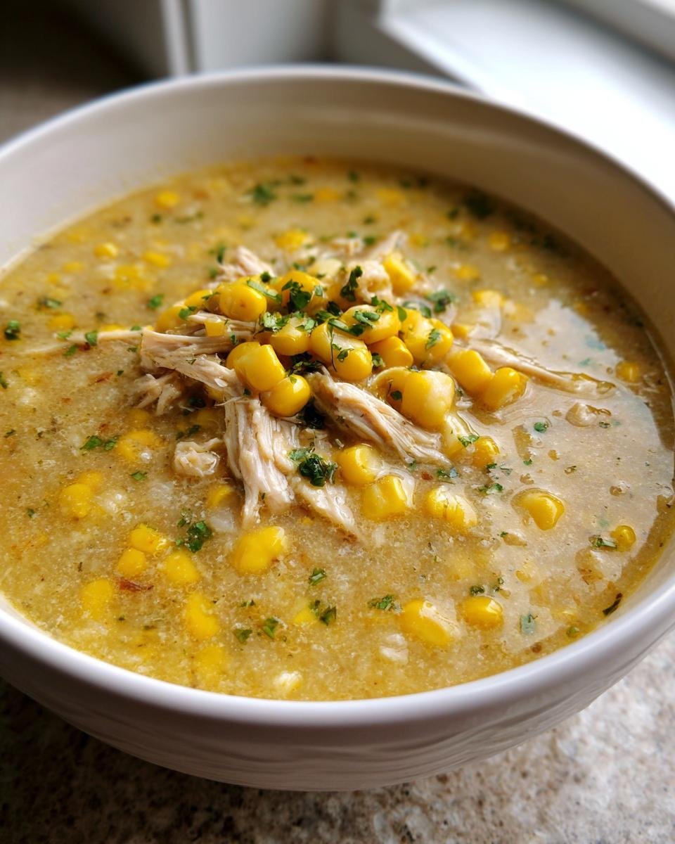 Close-up of a bowl of creamy Fiesta Chicken Corn Chowder topped with shredded chicken, corn kernels, and fresh parsley.