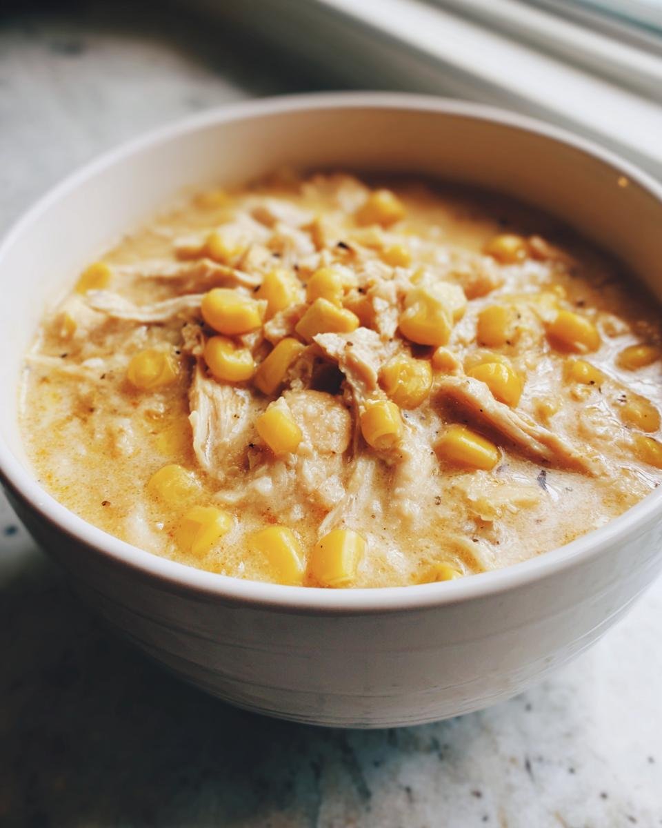 Close-up of a creamy bowl of Fiesta Chicken Corn Chowder topped with shredded chicken and bright yellow corn kernels.